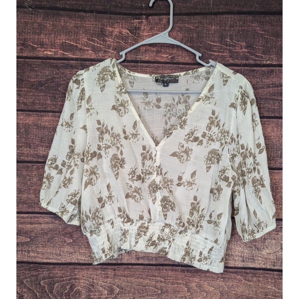 J Gee Womens XL Cream‎ Tan Toile Floral Puff Sleeve Smocked Crop Top Boho
